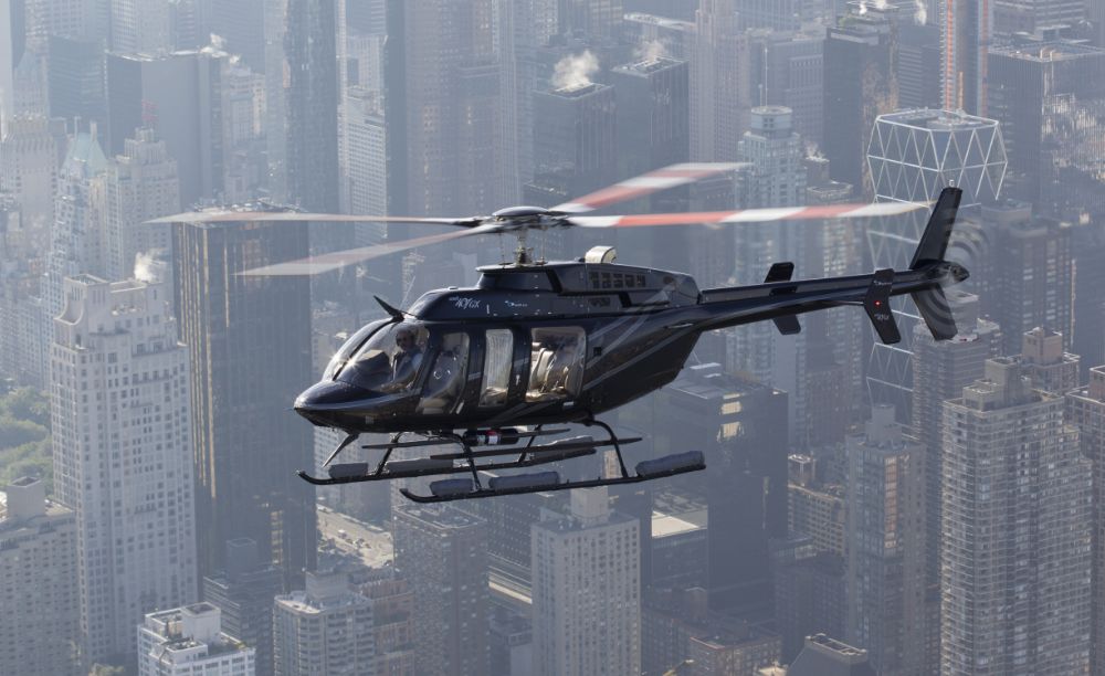 Helicopter over cityscape
